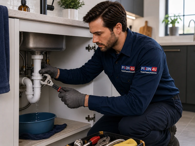 Plumber repairing a leaking pipe under a sink